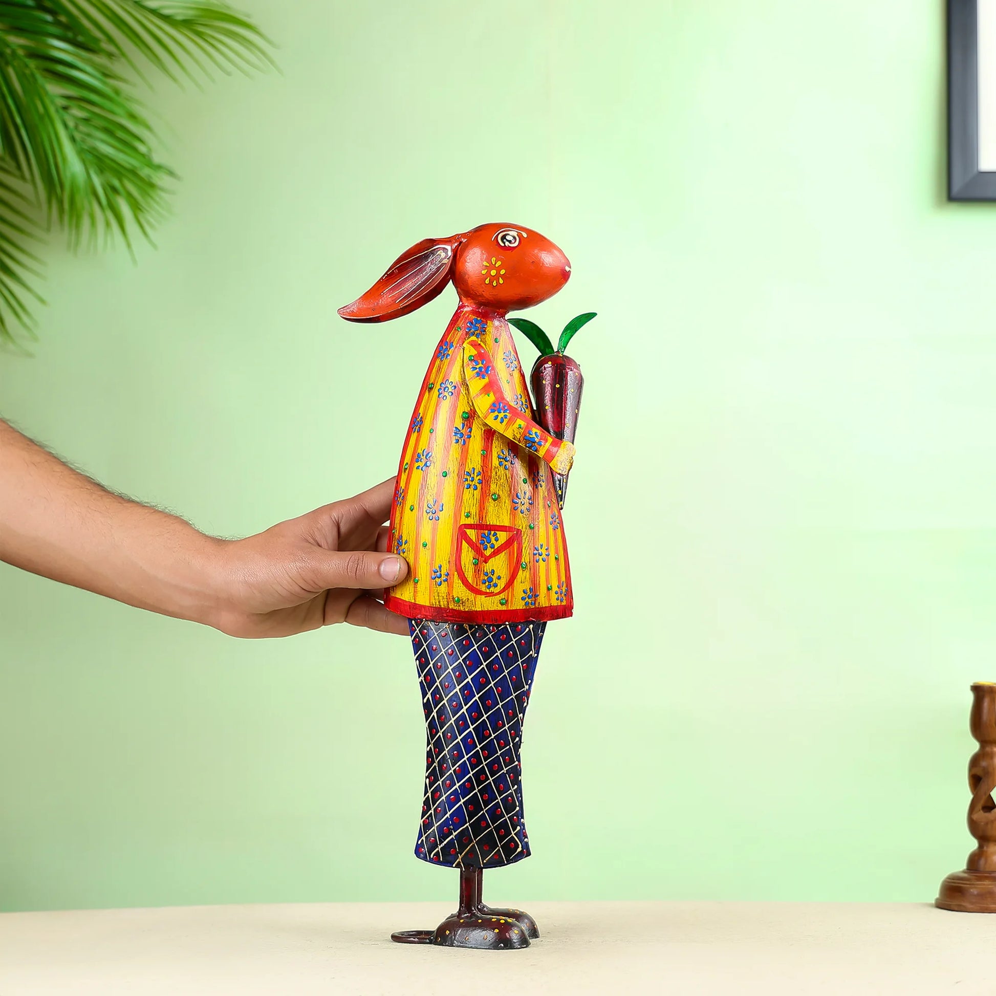 Hand-Painted Metal Rabbit Figurine Holding a Carrot