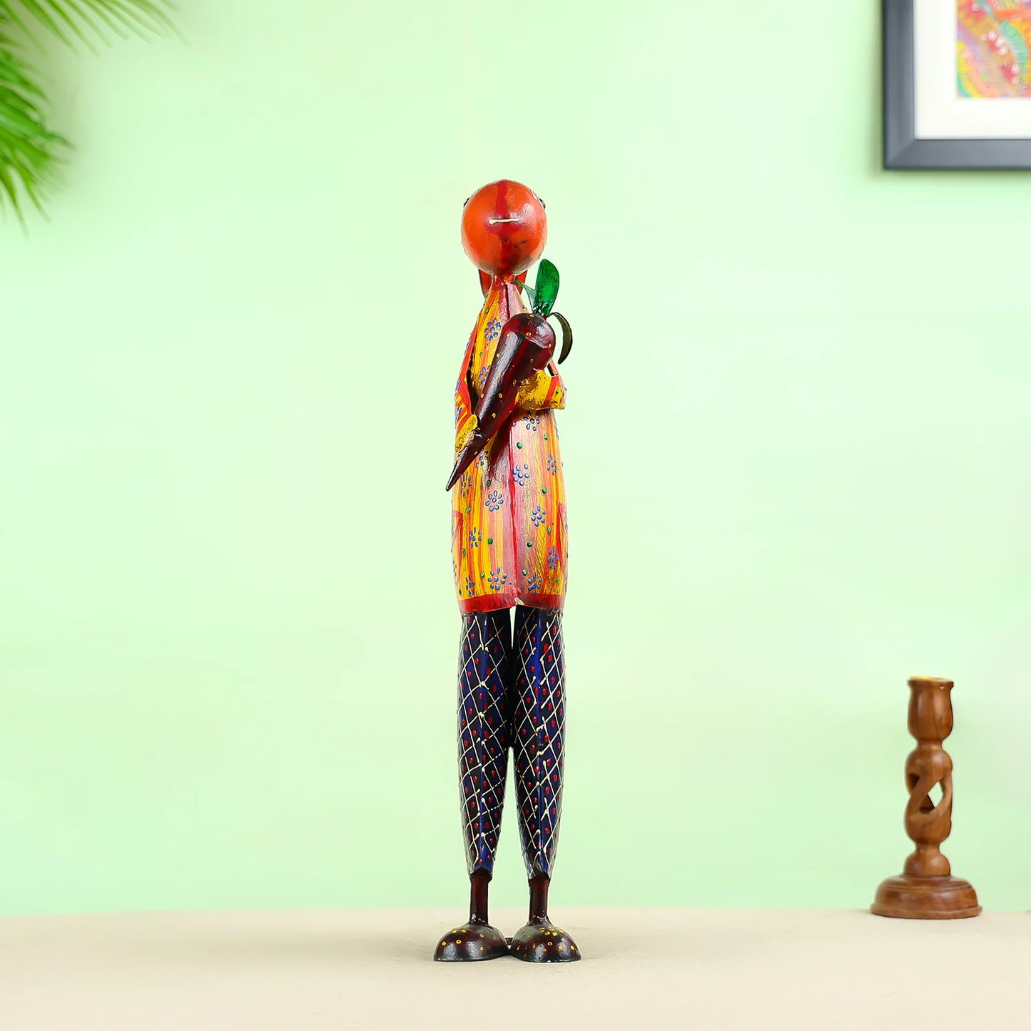 Hand-Painted Metal Rabbit Figurine Holding a Carrot