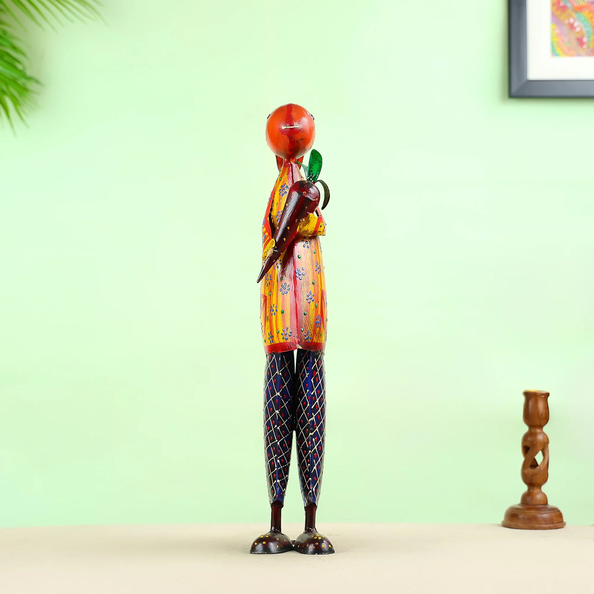 Hand-Painted Metal Rabbit Figurine Holding a Carrot