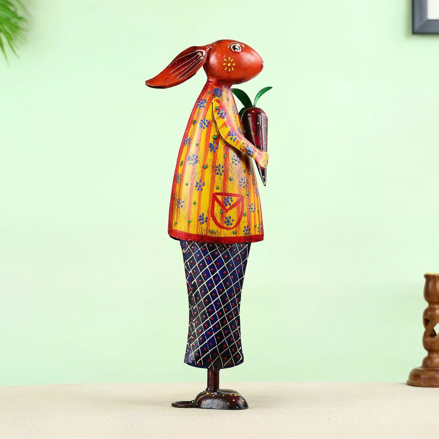 Hand-Painted Metal Rabbit Figurine Holding a Carrot