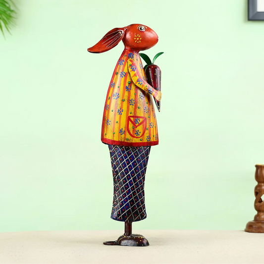Hand-Painted Metal Rabbit Figurine Holding a Carrot