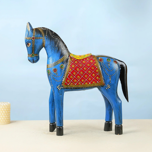 Handcrafted Blue Wooden Horse With Traditional Artwork