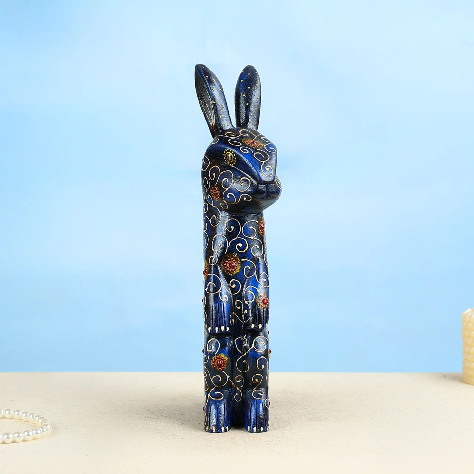 Handcrafted Midnight Blue Wooden Rabbit With Intricate Gold Detailing