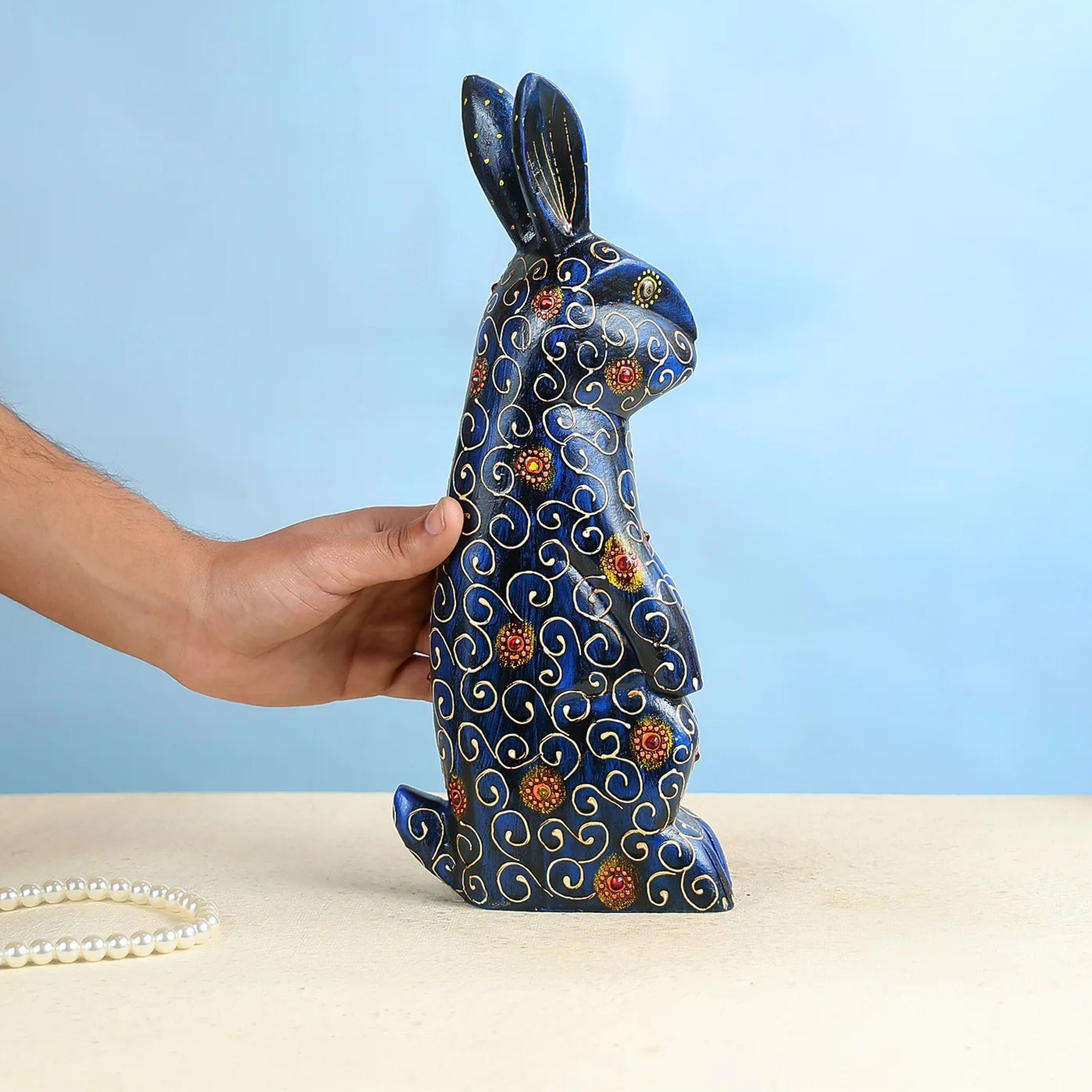 Handcrafted Midnight Blue Wooden Rabbit With Intricate Gold Detailing