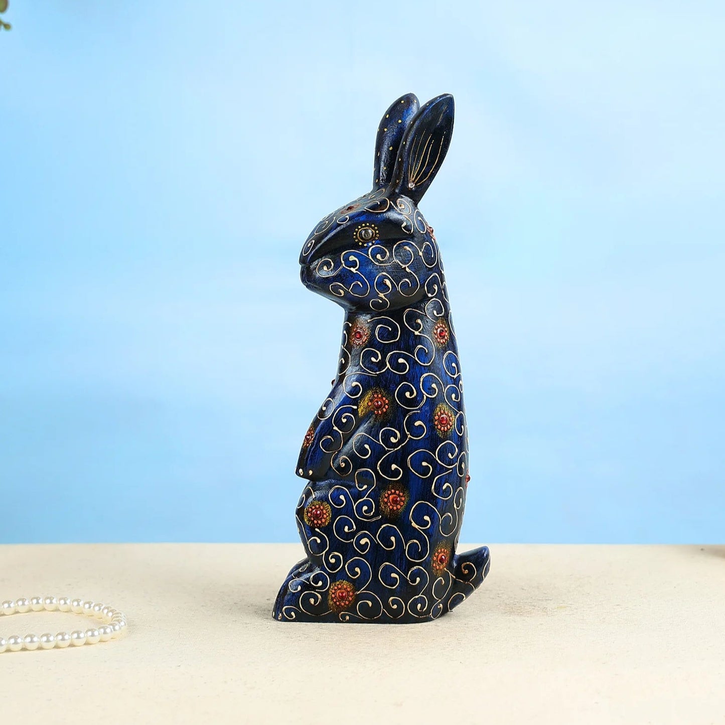 Handcrafted Midnight Blue Wooden Rabbit With Intricate Gold Detailing