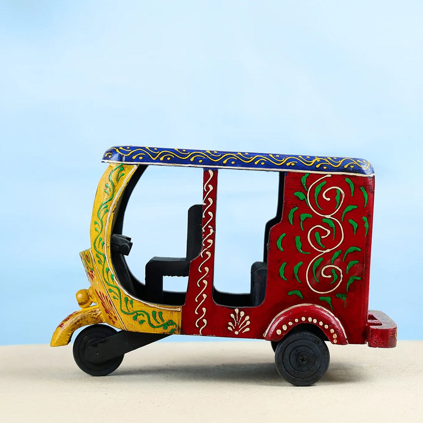 Handcrafted Wooden AutoRickshaw Showpiece With Traditional Artwork