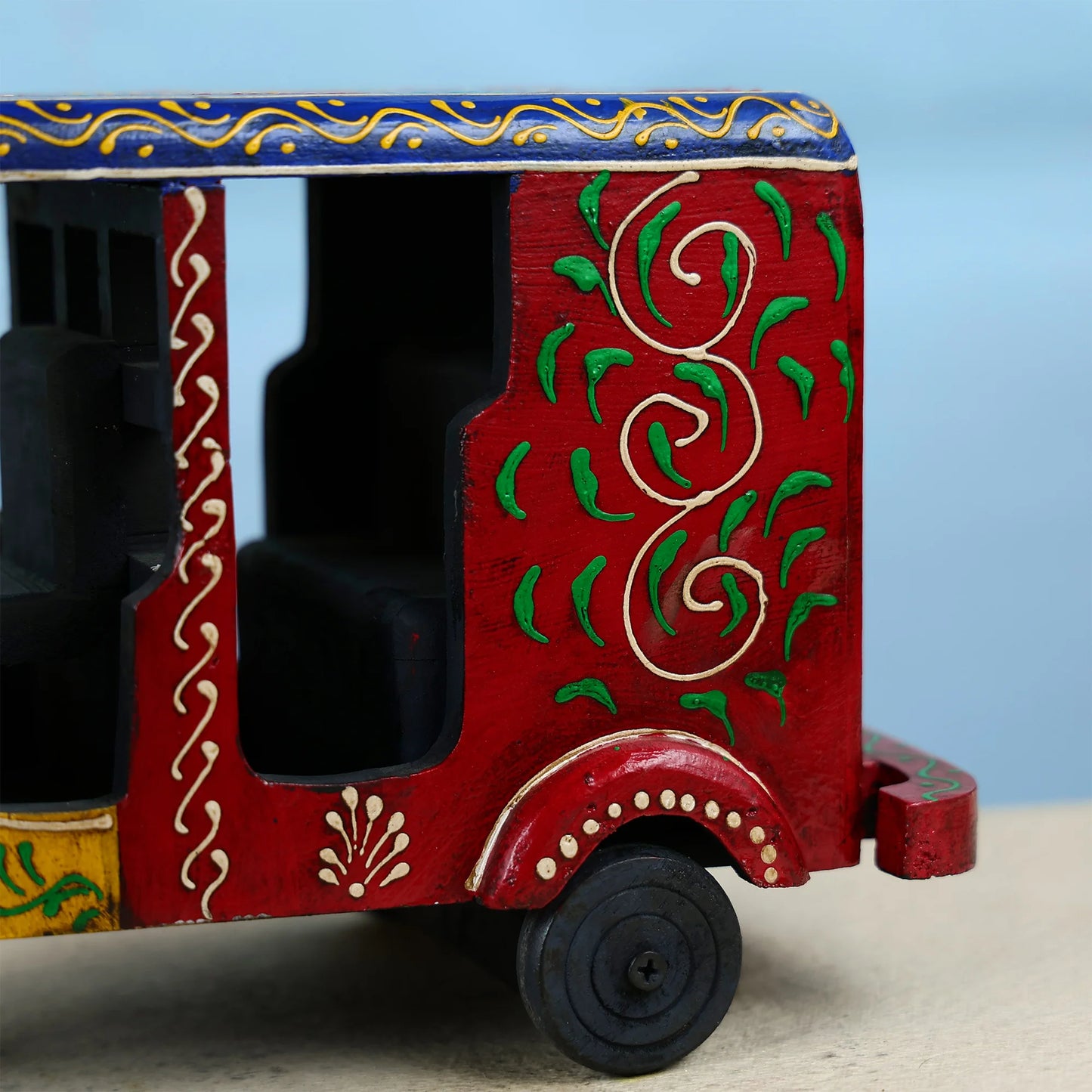 Handcrafted Wooden Auto Rick shaw Showpiece With Traditional Artwork