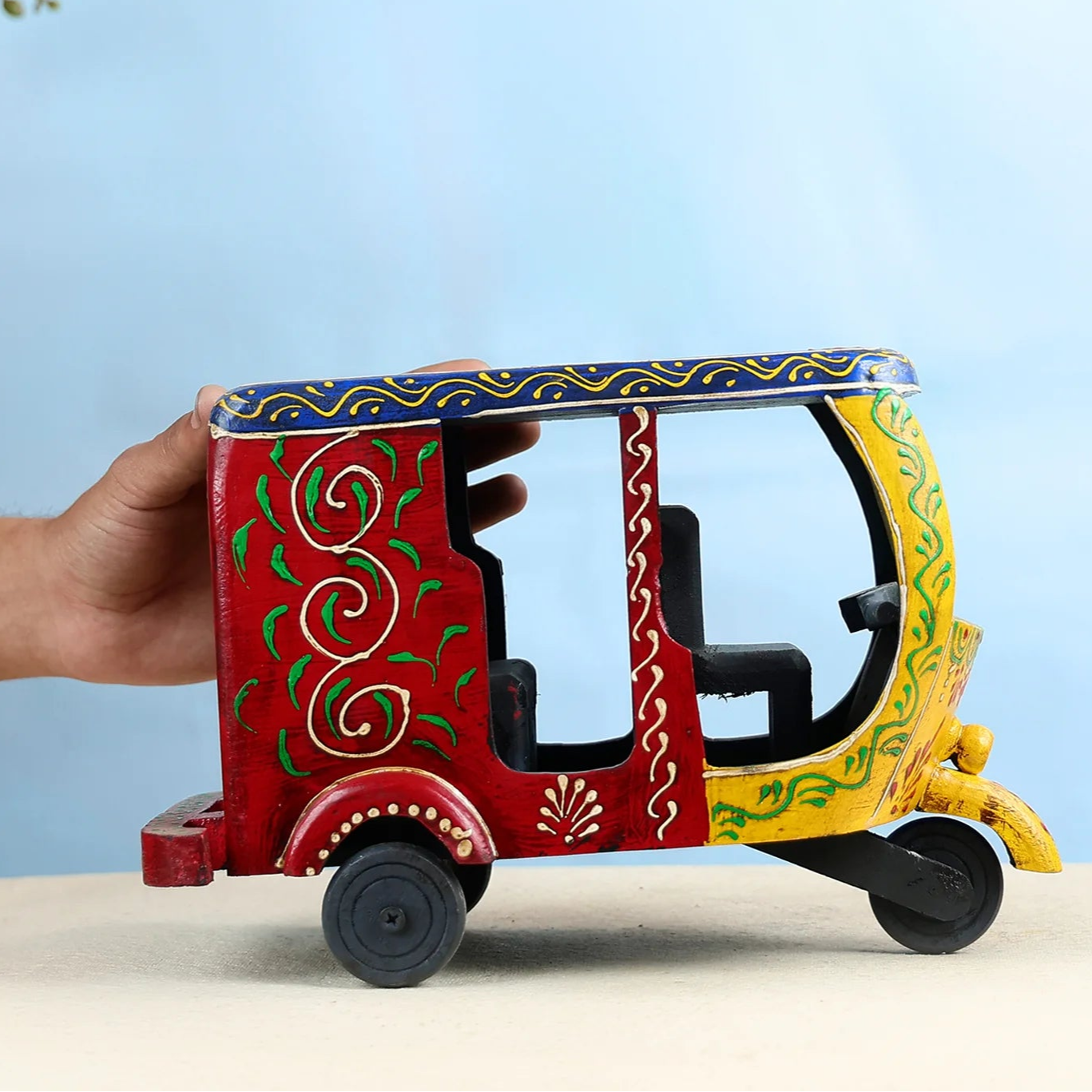 Handcrafted Wooden AutoRickshaw Showpiece With Traditional Artwork