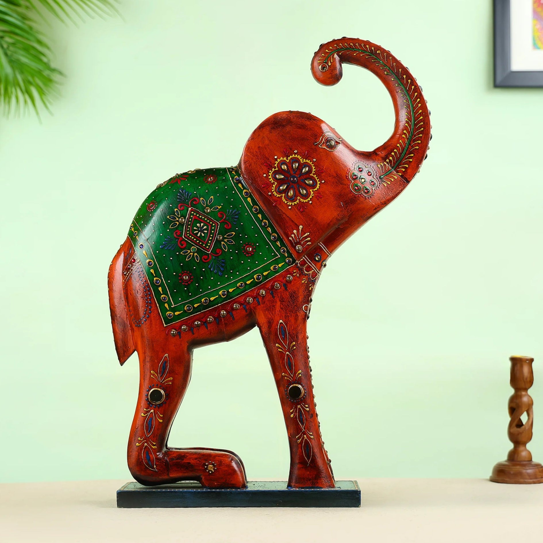 Handcrafted Wooden Elephant Statue With Traditional Floral Artwork
