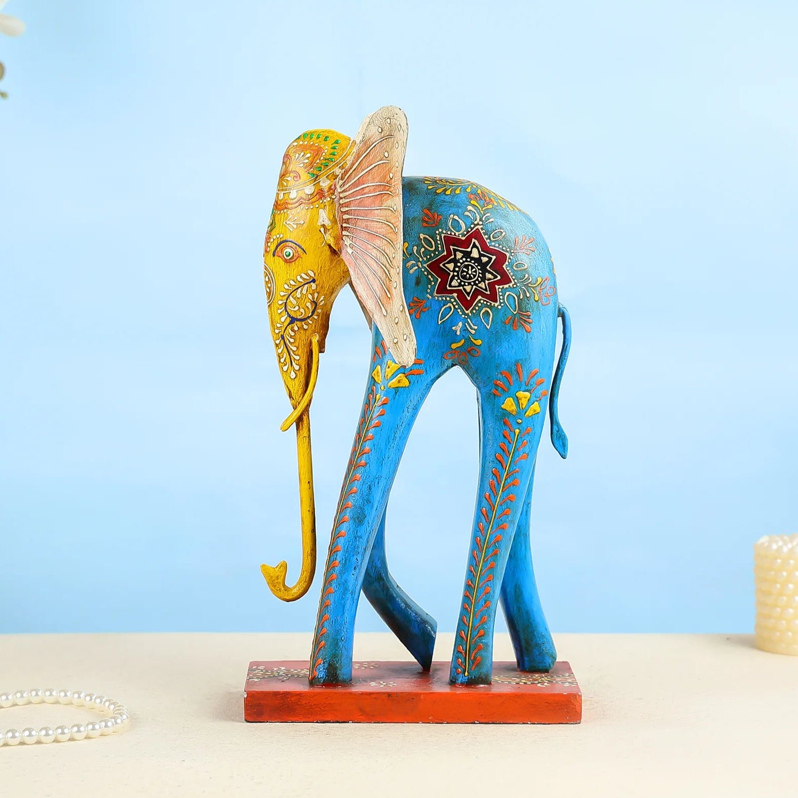 Handcrafted Wooden Elephant With Intricate Painted Detailing