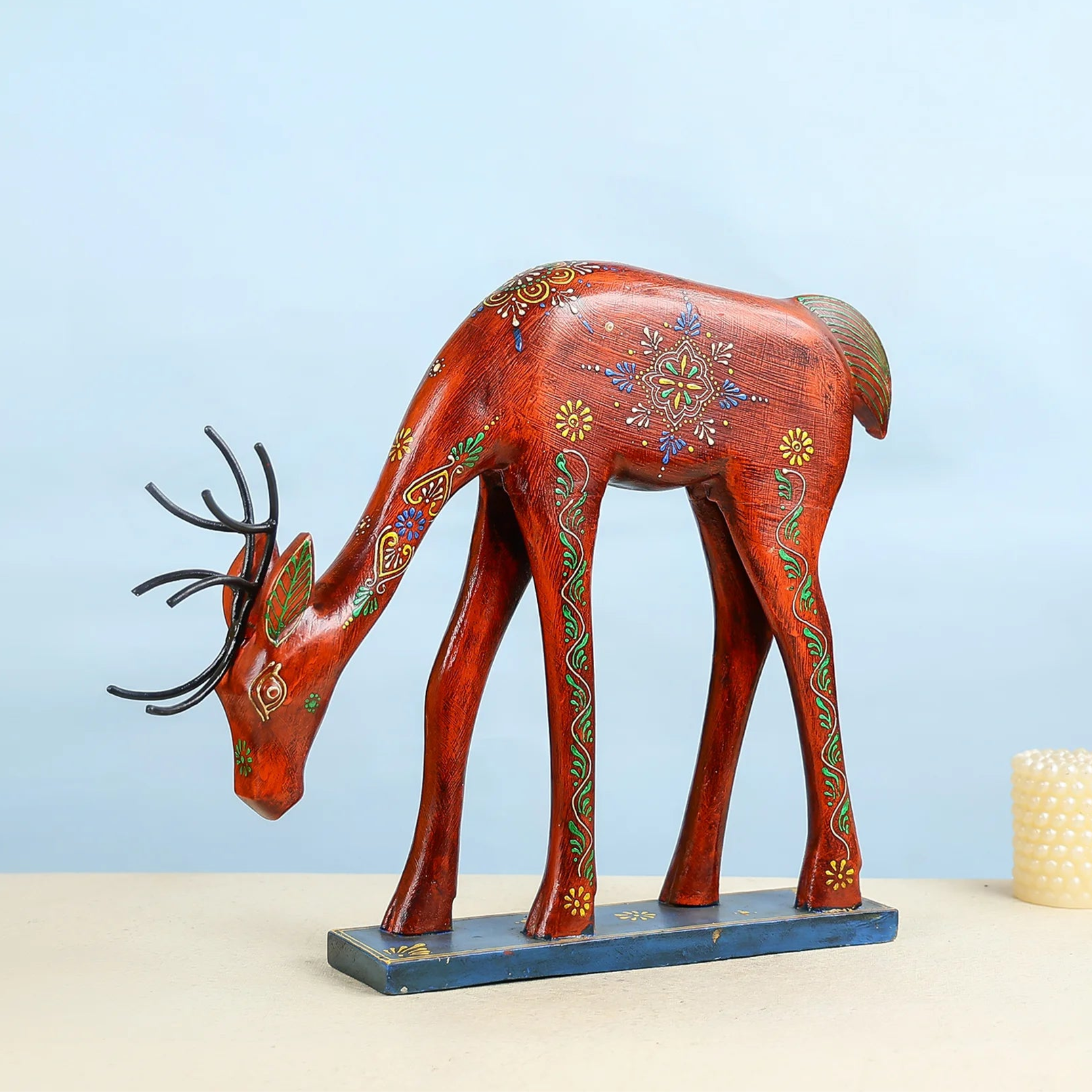 Handcrafted Wooden Grazing Deer Showpiece