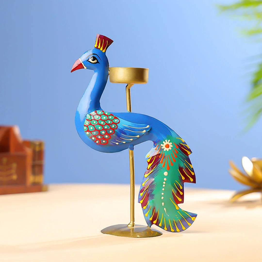 Handpainted Iron Peacock T-Light Holder