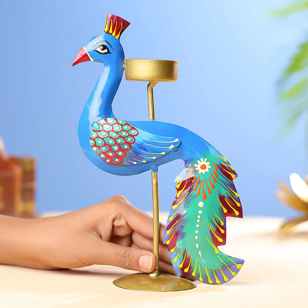 Handpainted Iron Peacock T-Light Holder