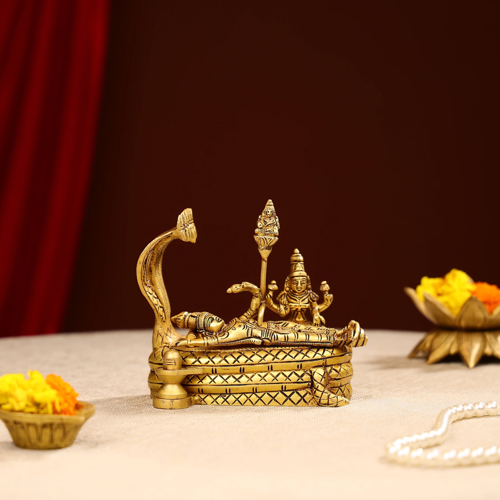 Brass Lord Vishnu & Maa Lakshmi Idol On Sheshnag