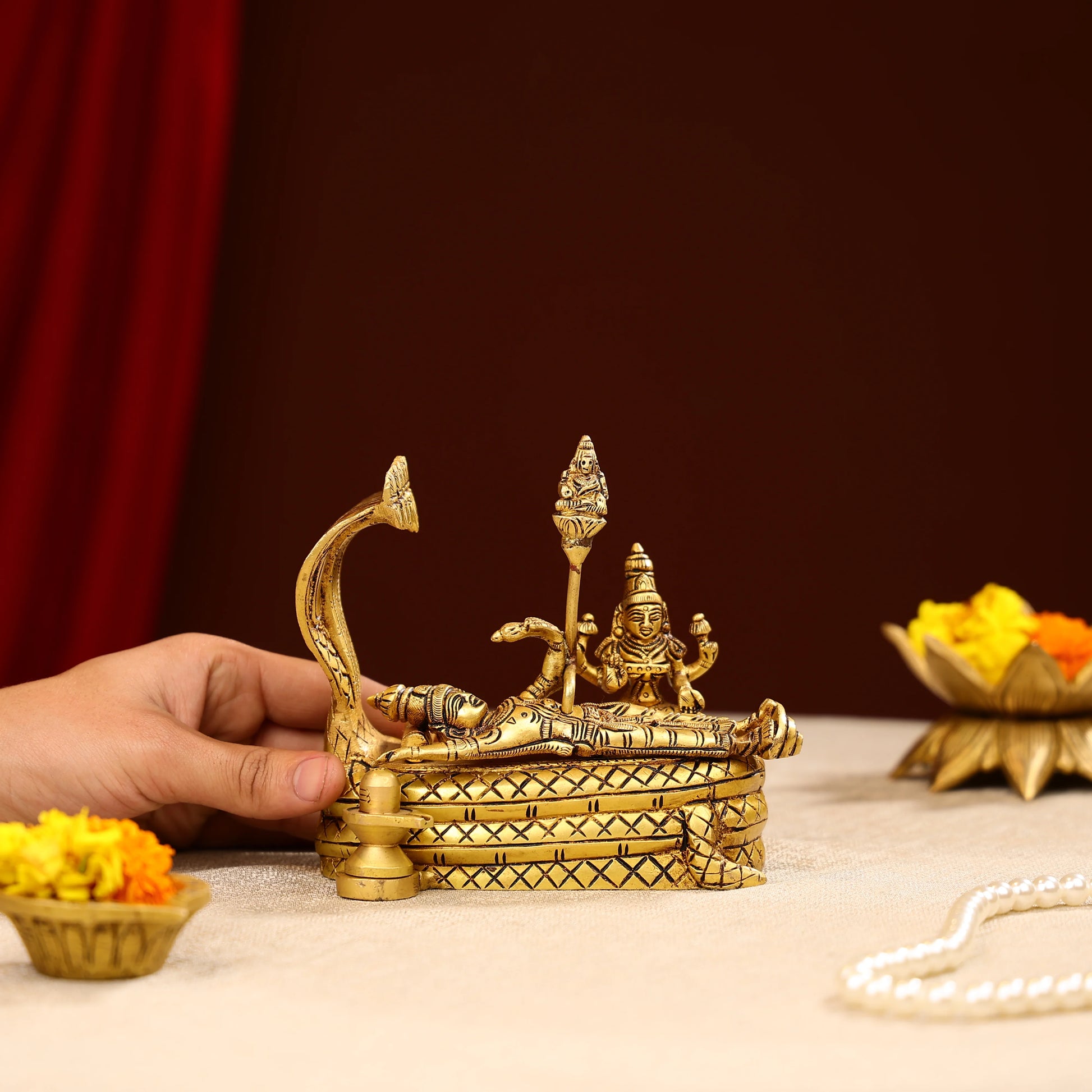 Brass Lord Vishnu & Maa Lakshmi Idol On Sheshnag