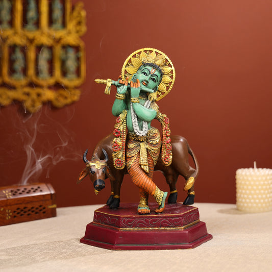 Coloured Brass Lord Krishna Statue Standing With A Cow