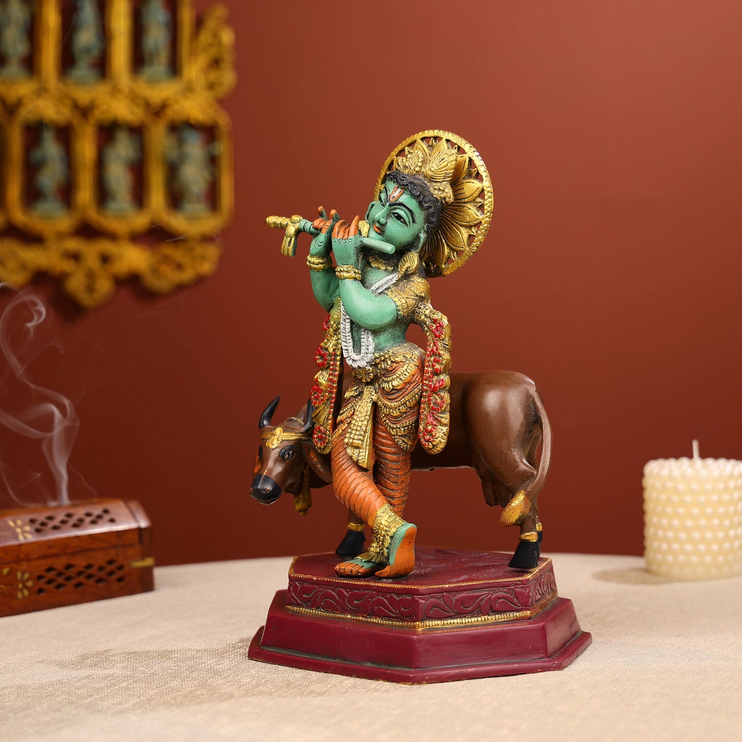 Coloured Brass Lord Krishna Statue Standing With A Cow