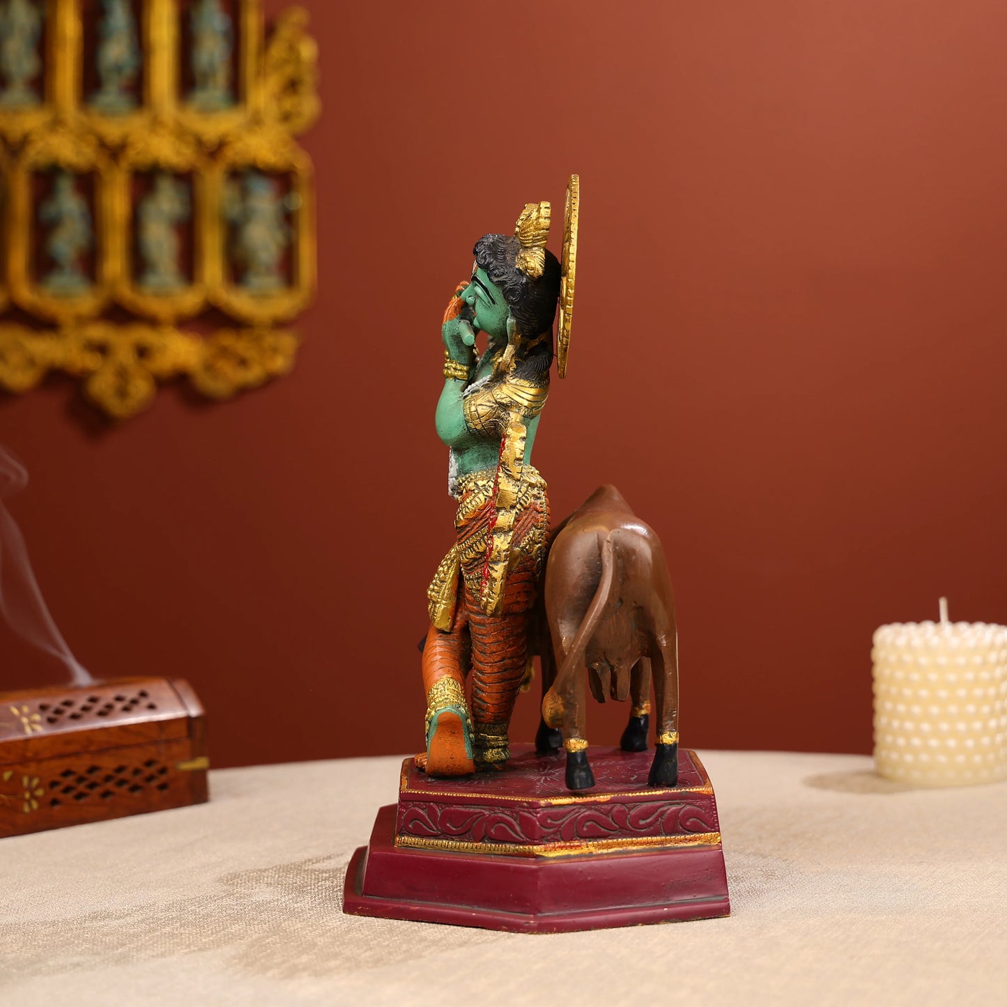 Coloured Brass Lord Krishna Statue Standing With A Cow