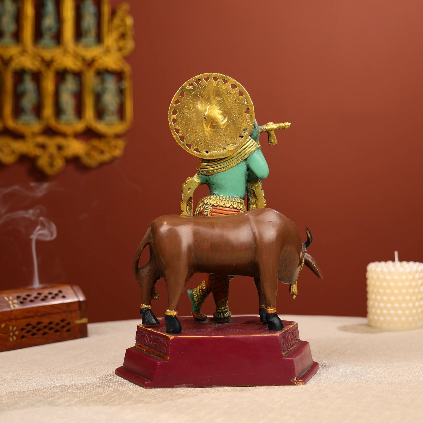Coloured Brass Lord Krishna Statue Standing With A Cow
