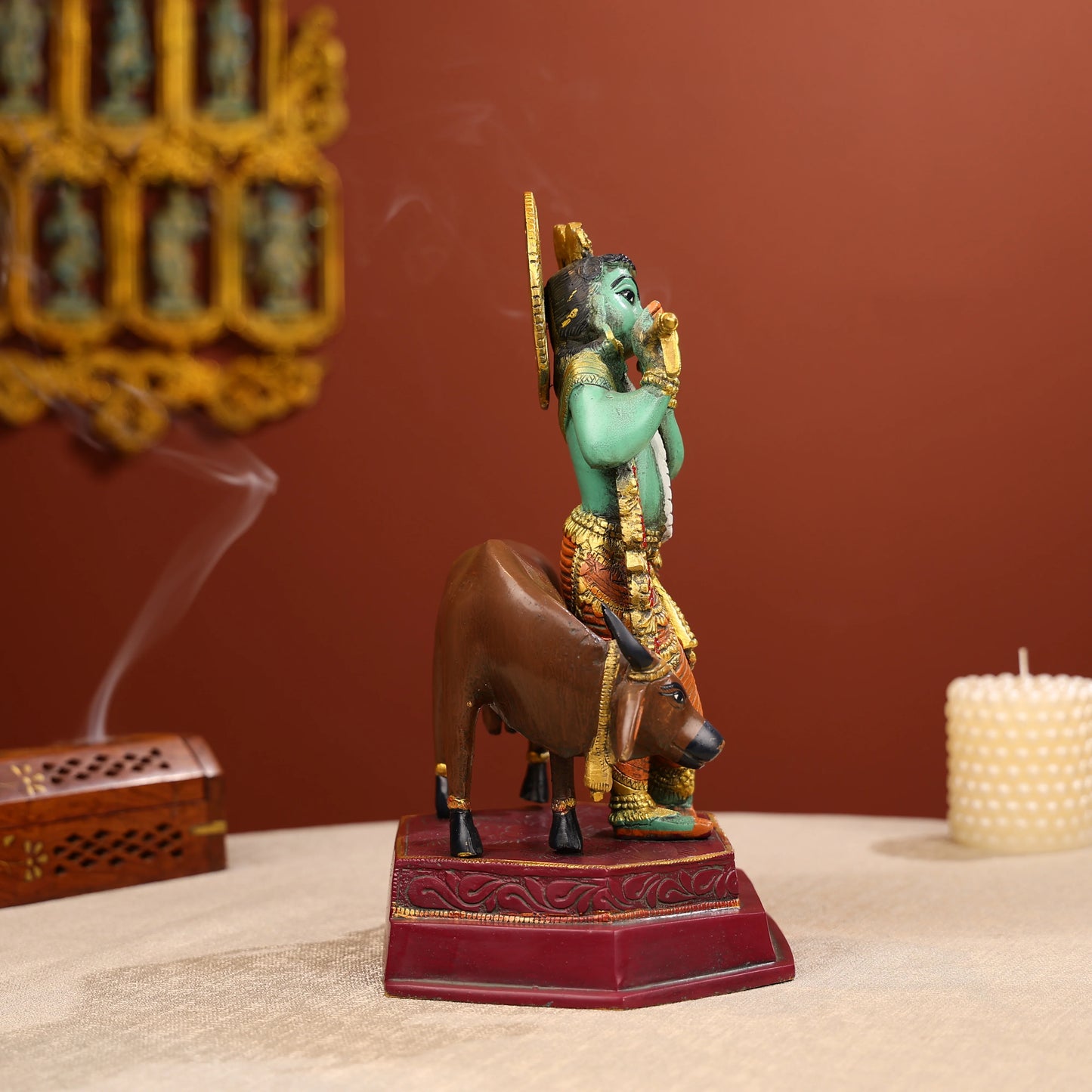 Coloured Brass Lord Krishna Statue Standing With A Cow
