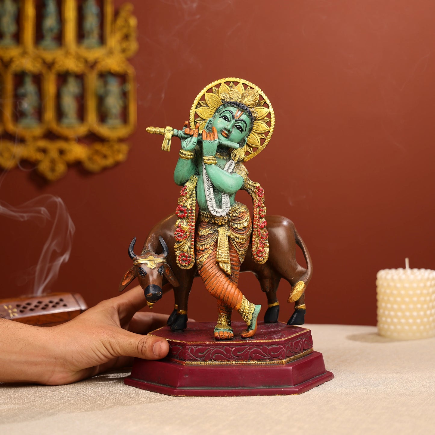 Coloured Brass Lord Krishna Statue Standing With A Cow