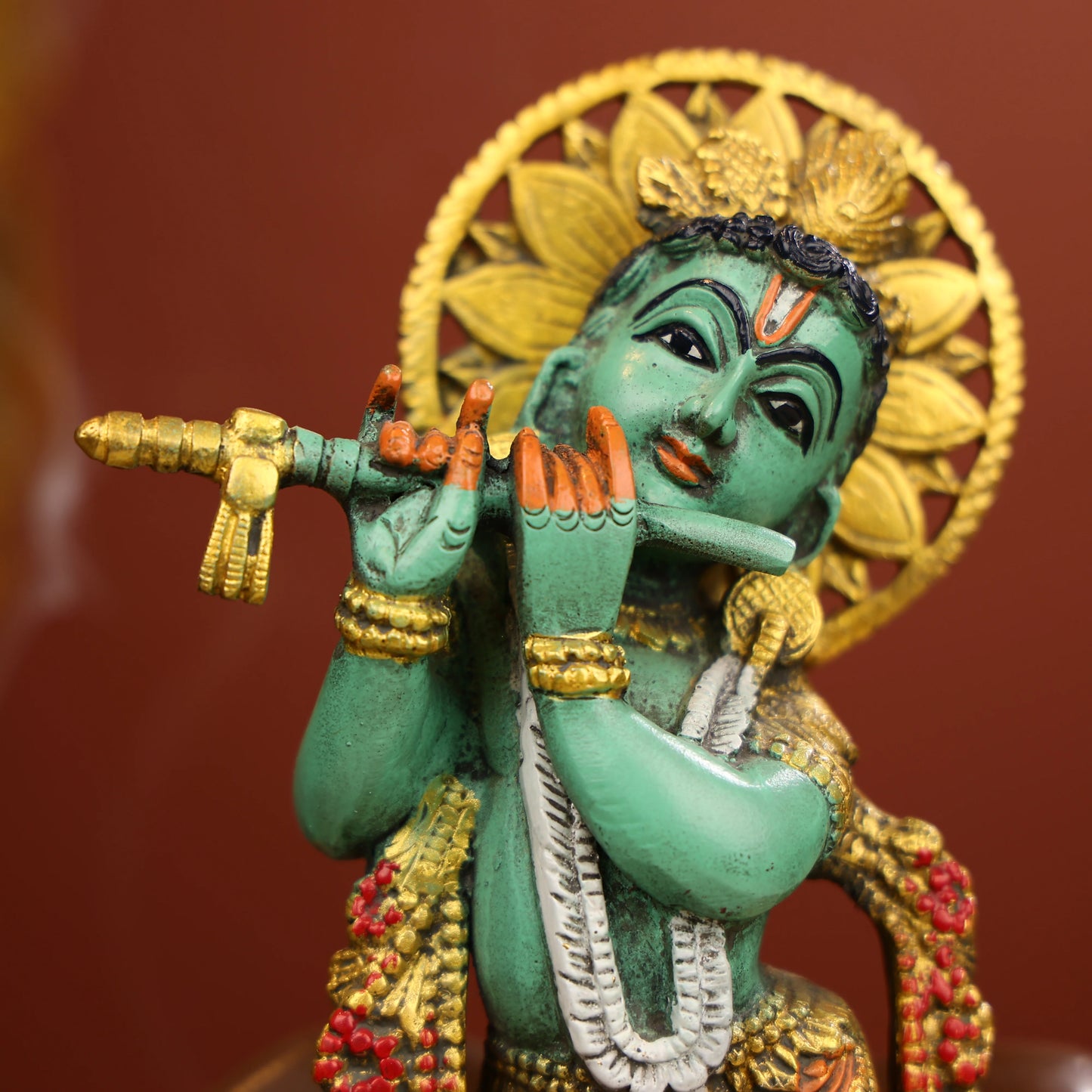 Coloured Brass Lord Krishna Statue Standing With A Cow