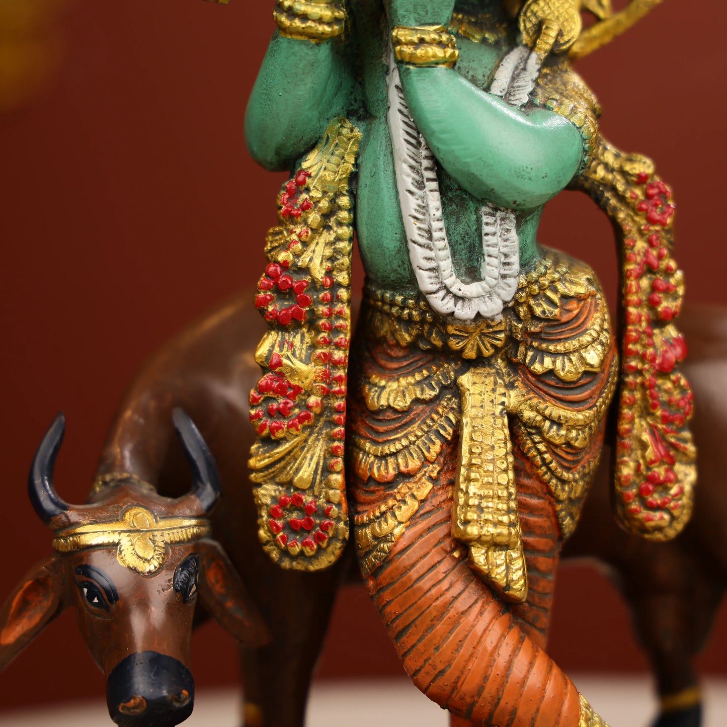 Coloured Brass Lord Krishna Statue Standing With A Cow