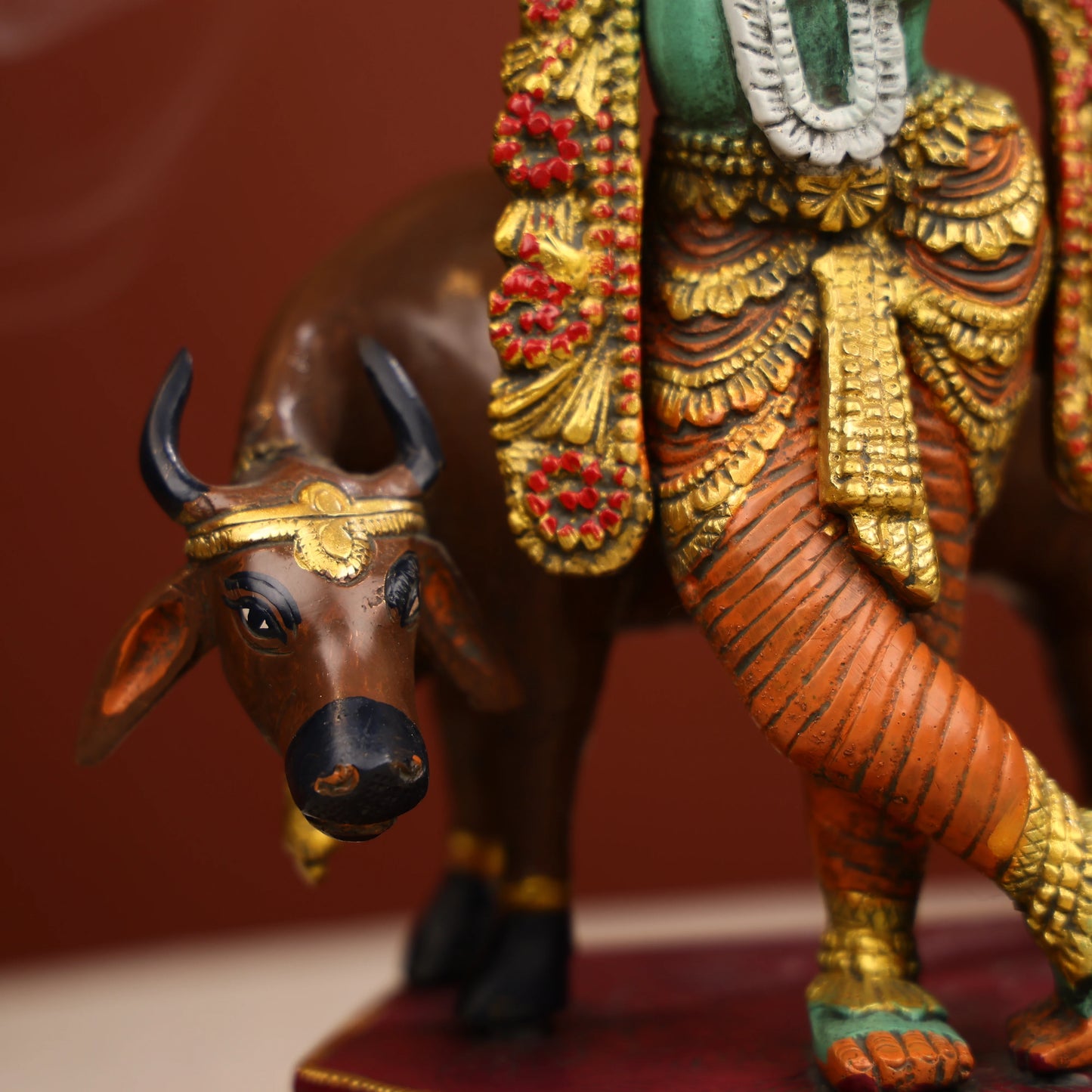 Coloured Brass Lord Krishna Statue Standing With A Cow