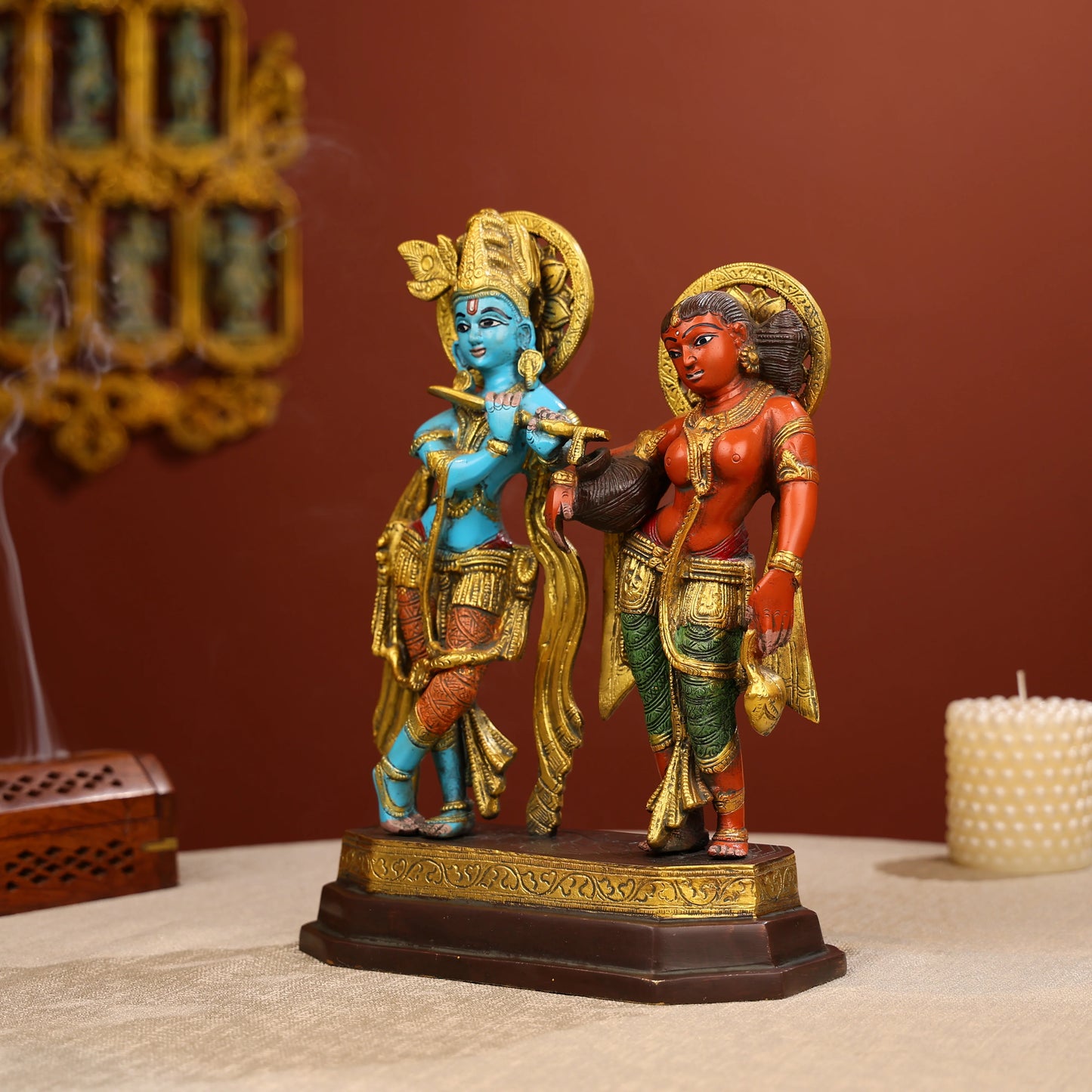 Coloured Brass Radha And Krishna Statue