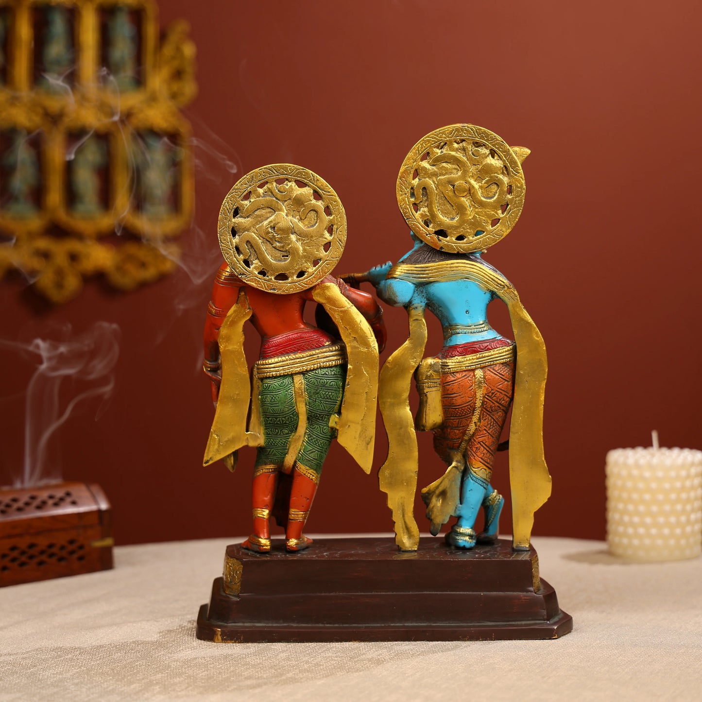 Coloured Brass Radha And Krishna Statue