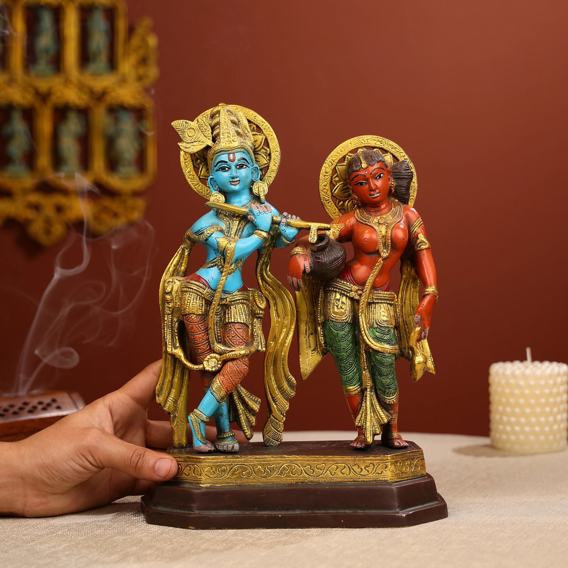 Coloured Brass Radha And Krishna Statue