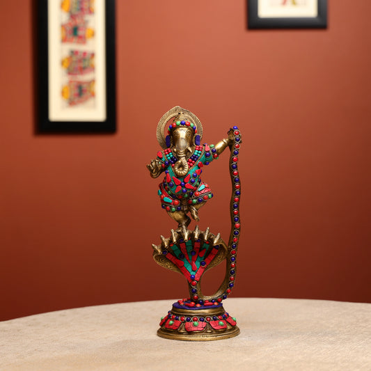 Brass Lord Ganesha Dancing On Kalinga Naga With Stone Work