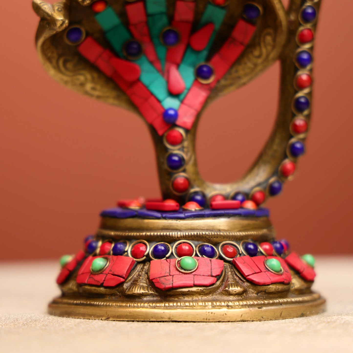 Brass Lord Ganesha Dancing On Kalinga Naga With Stone Work