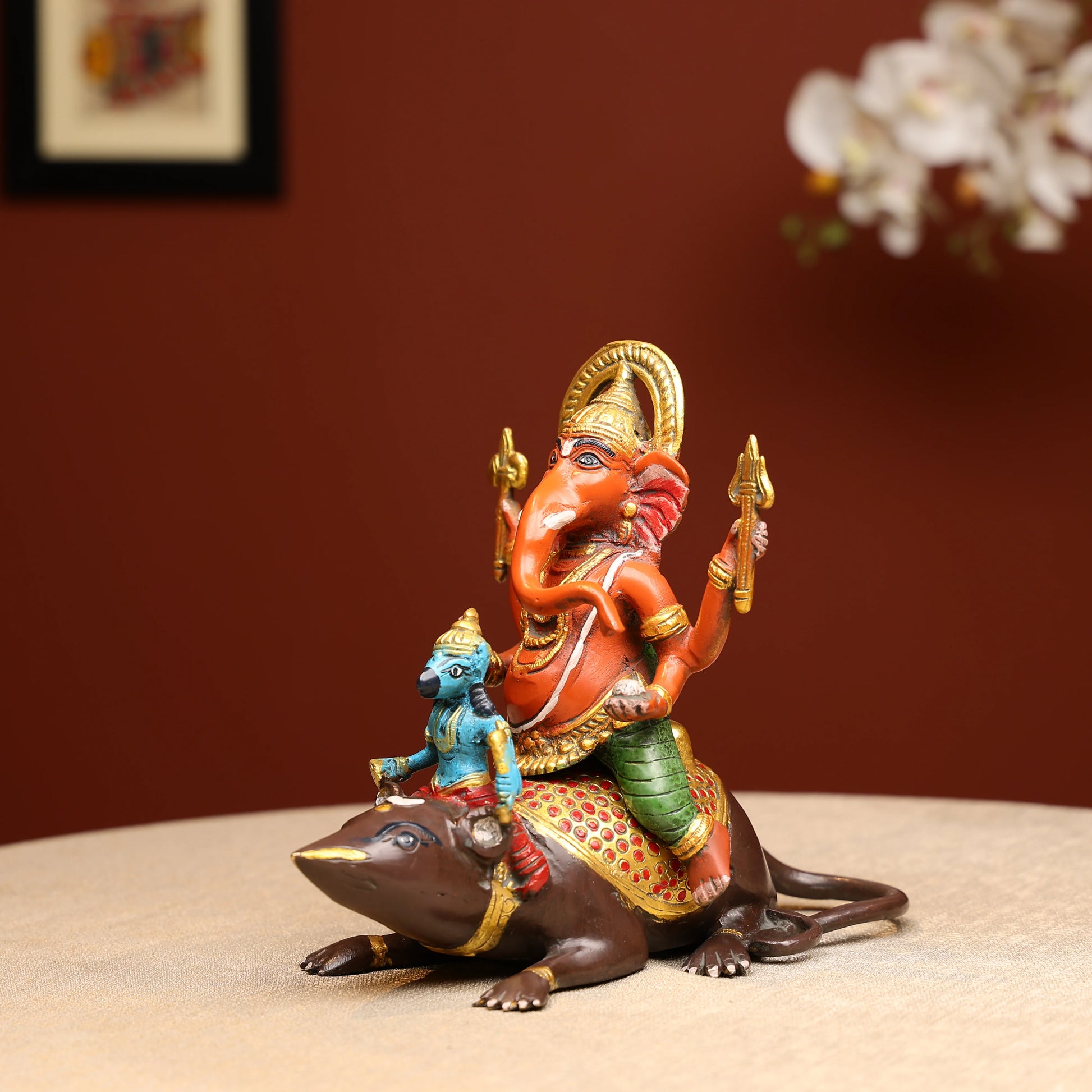 Brass Lord Ganesh Statue Seated On Mushak