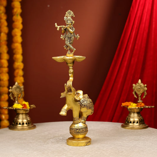 Brass Fluting Krishna On Elephant Five-Wick Diya