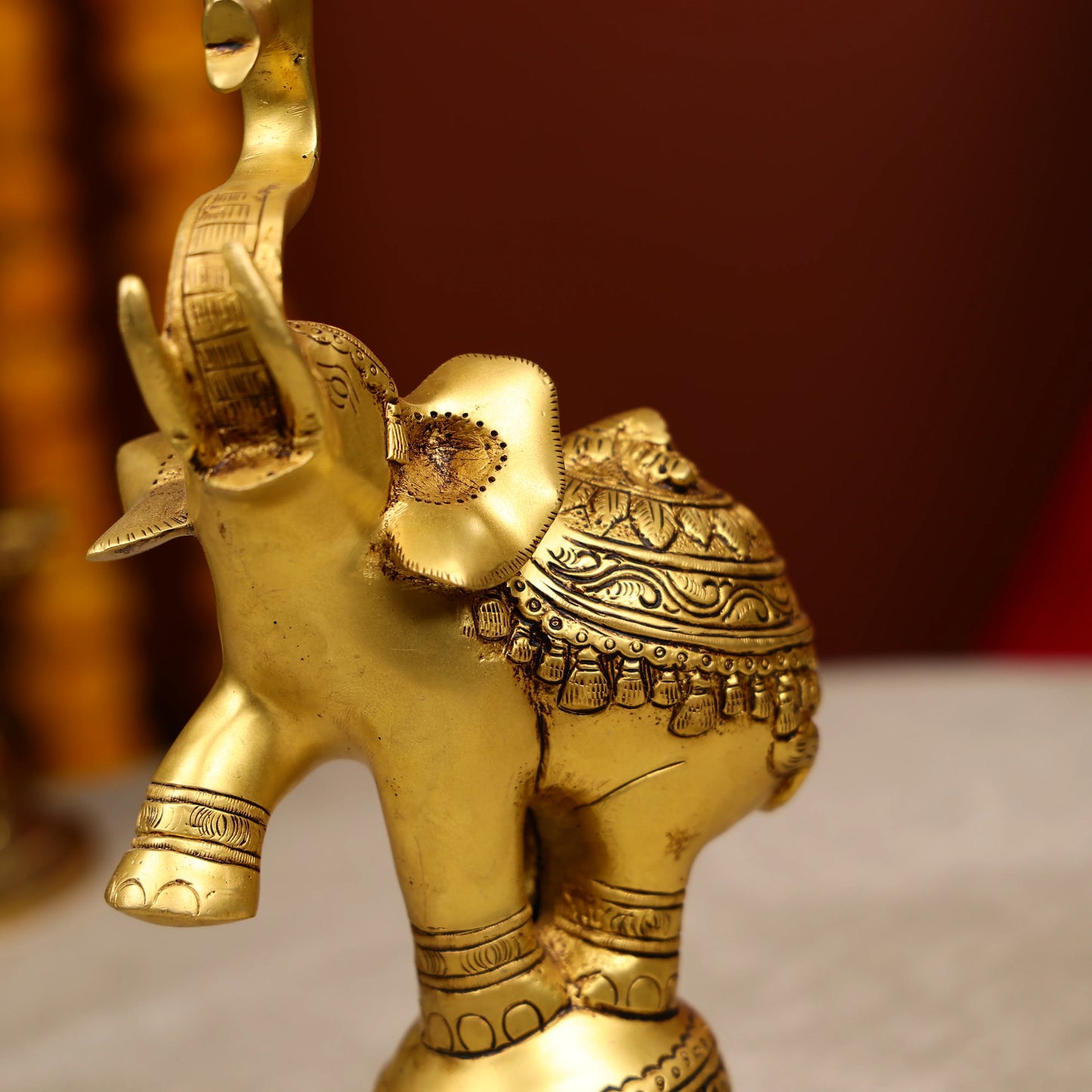 Brass Fluting Krishna On Elephant Five-Wick Diya