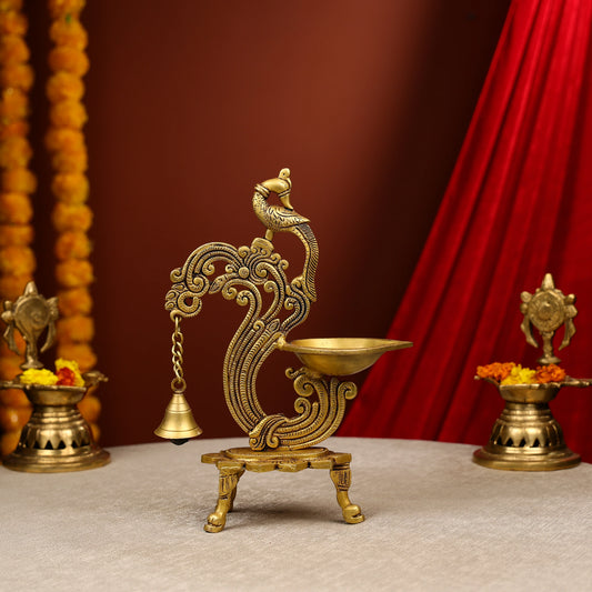 Carved Peacock Design Brass Diya With Bell