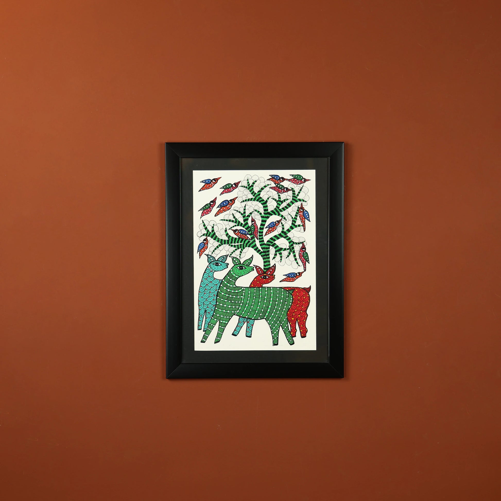 Three Colourful Deer Standing Under A Tree Wall Painting