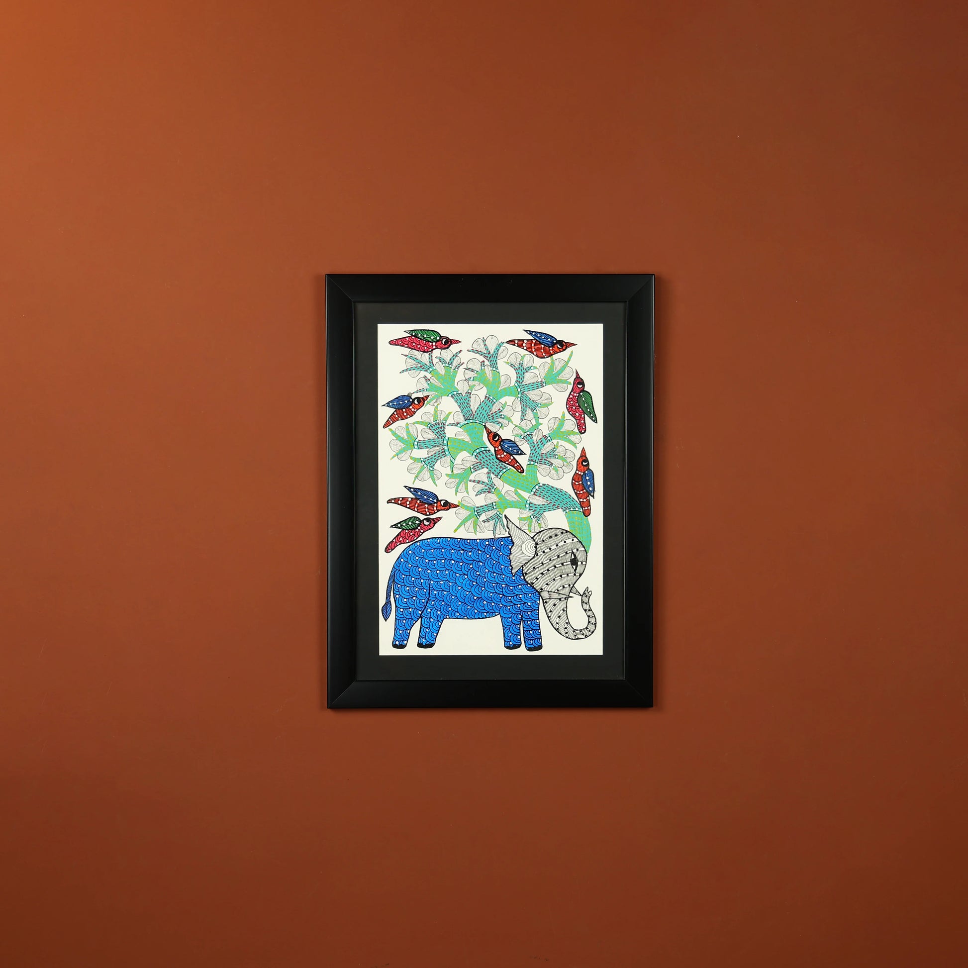Gond Hand-painted Elephant Standing Under A TreeWall Art
