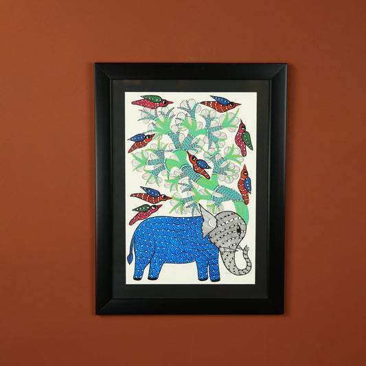 Gond Hand-painted Elephant Standing Under A TreeWall Art