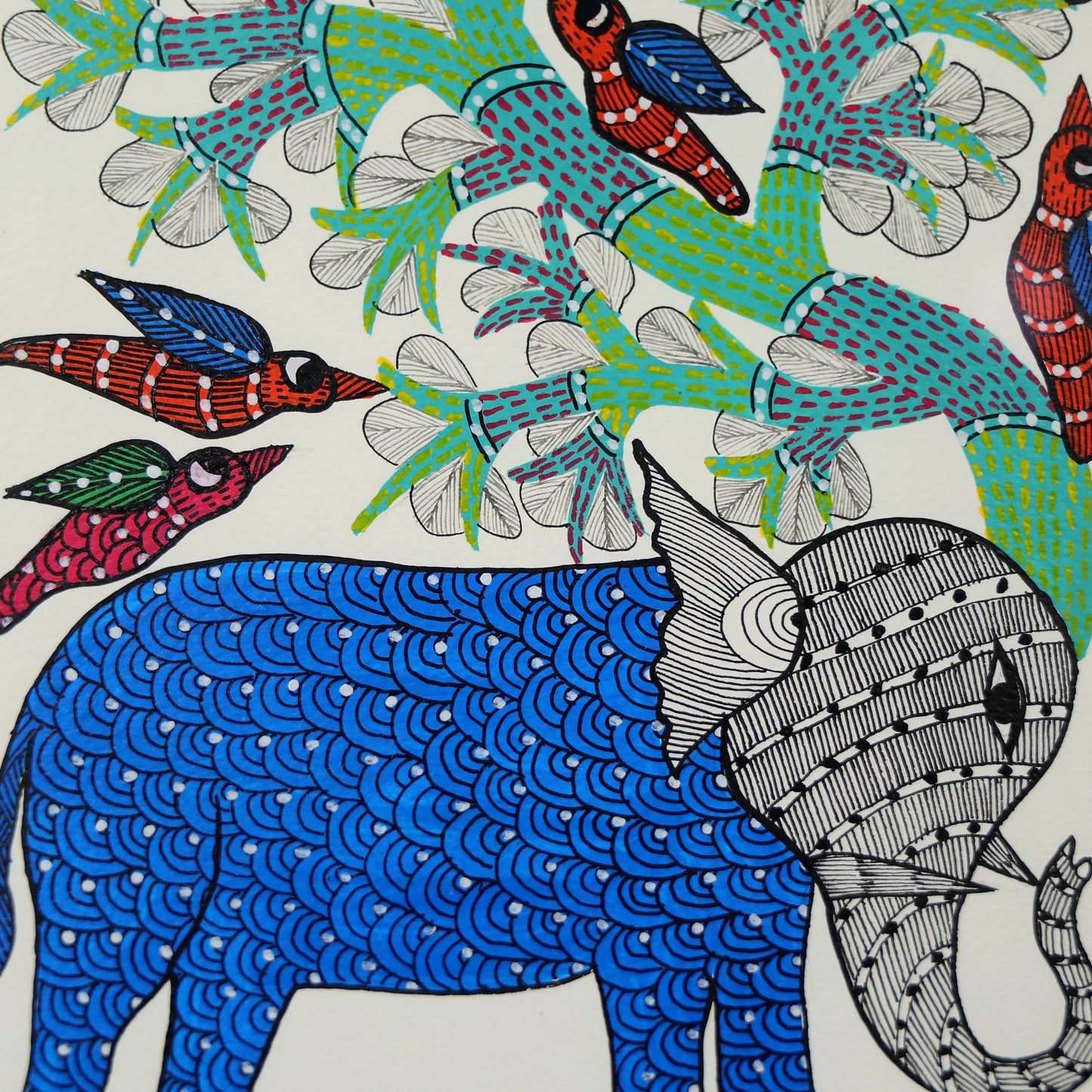 Gond Hand-painted Elephant Standing Under A Tree Wall Art