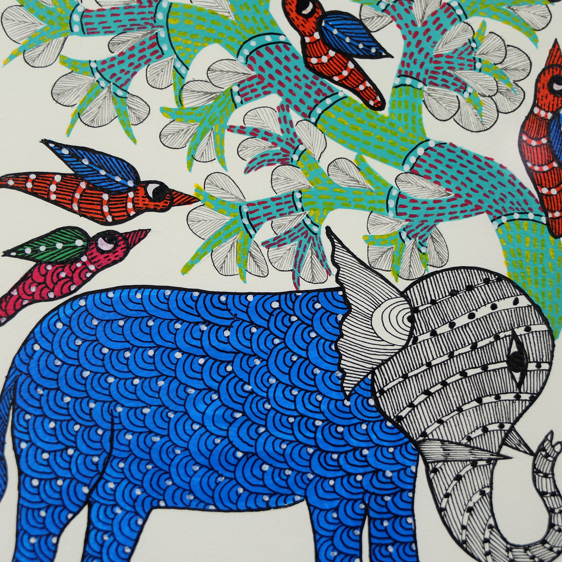 Gond Hand-painted Elephant Standing Under A Tree Wall Art
