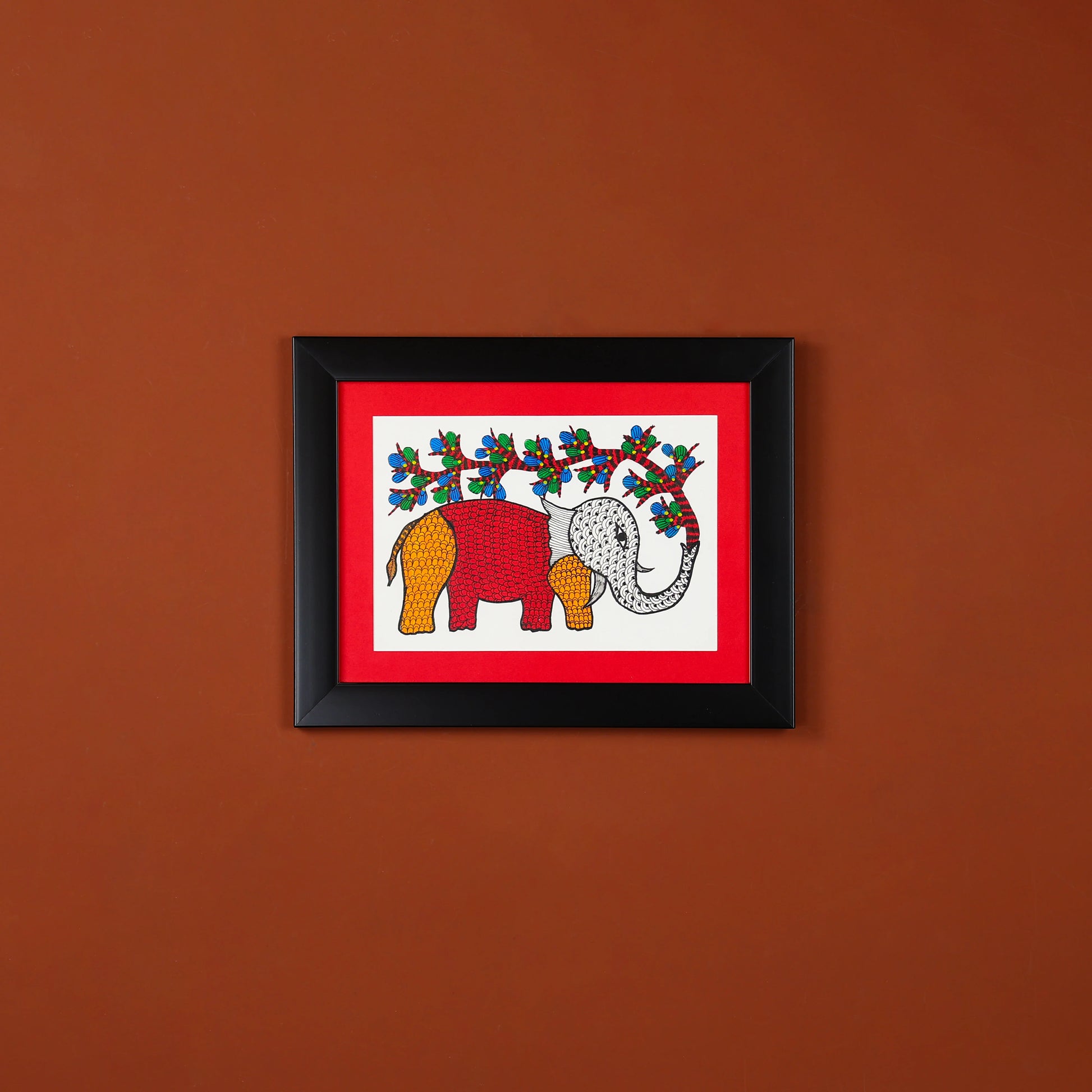 Gond Hand-painted Elephant Standing Under A TreeWall Art