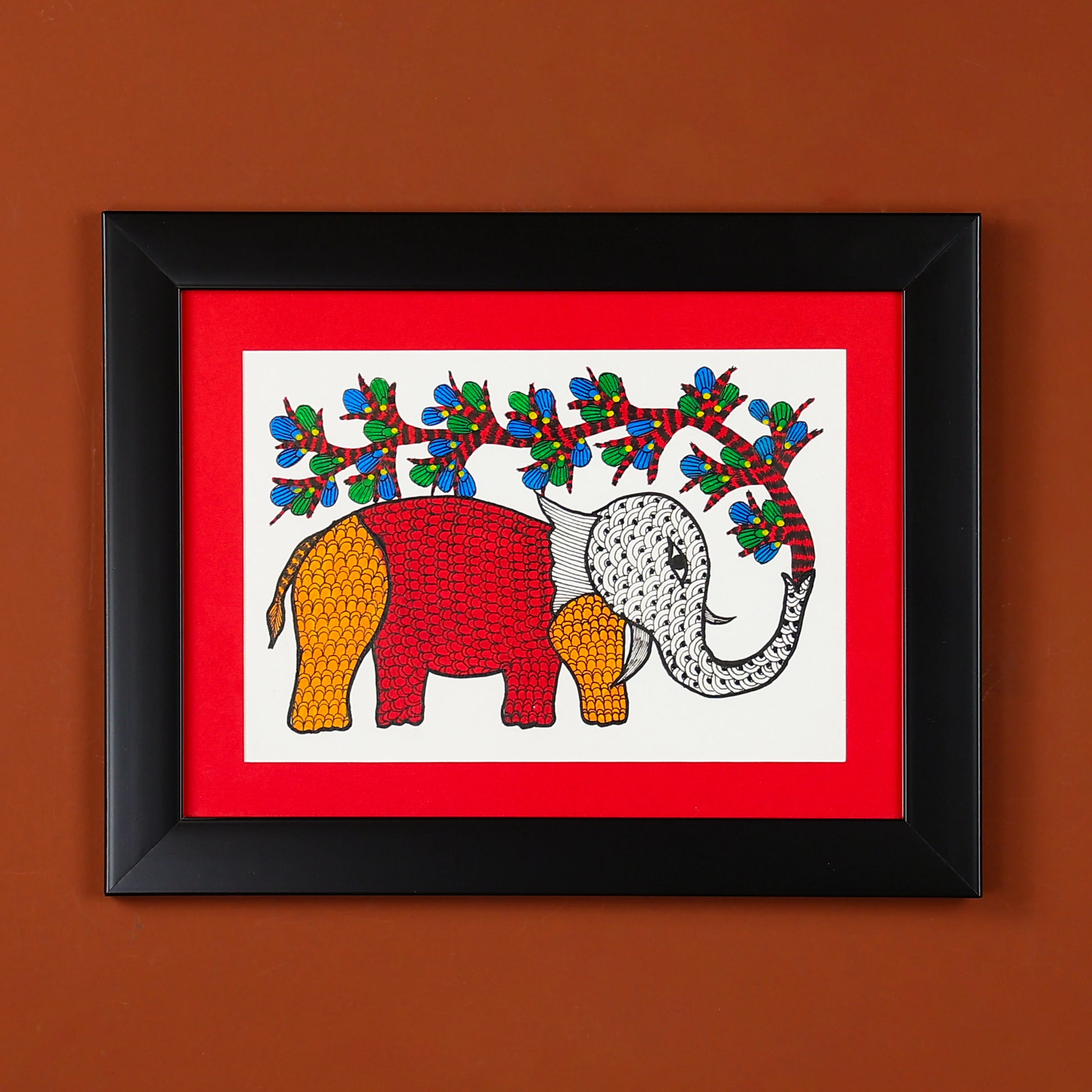 Gond Hand-painted Elephant Standing Under A TreeWall Art