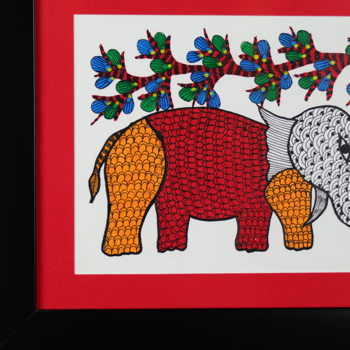 Gond Hand-painted Elephant Standing Under A TreeWall Art