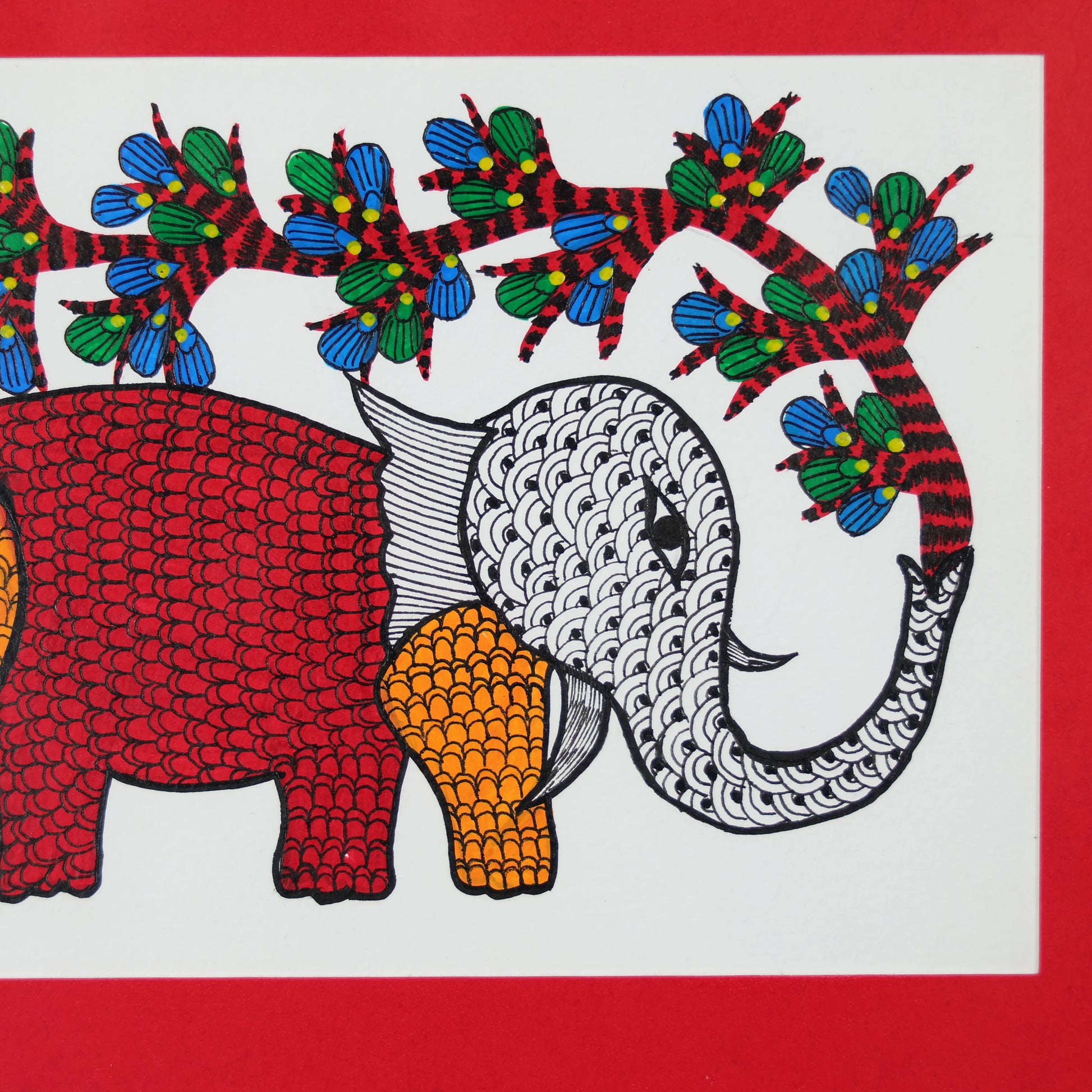 Gond Hand-painted Elephant Standing Under A TreeWall Art