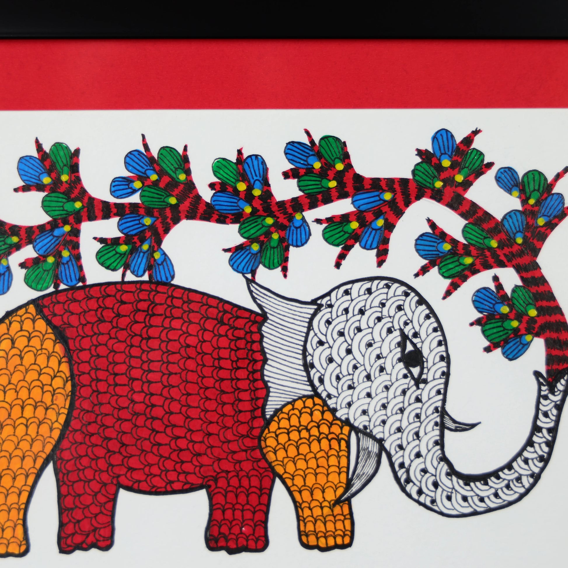 Gond Hand-painted Elephant Standing Under A TreeWall Art