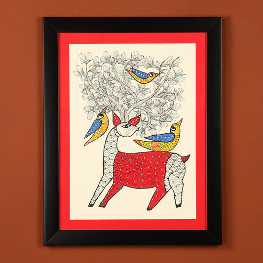 Gond Hand-painted Deer Standing Quietly By A Tree