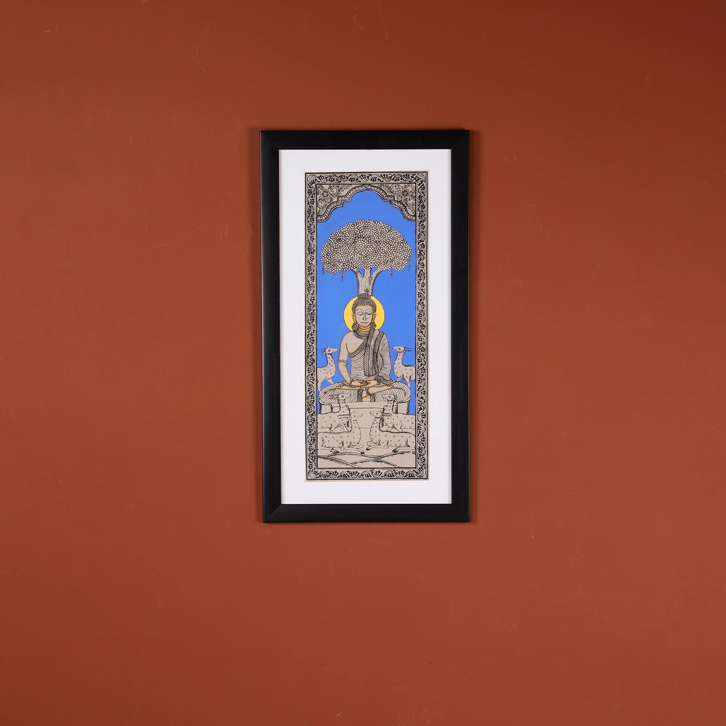 22" Pattachitra Hand Painted on Silk Wall Art of Lord Buddha Seated Under Bodhi Tree