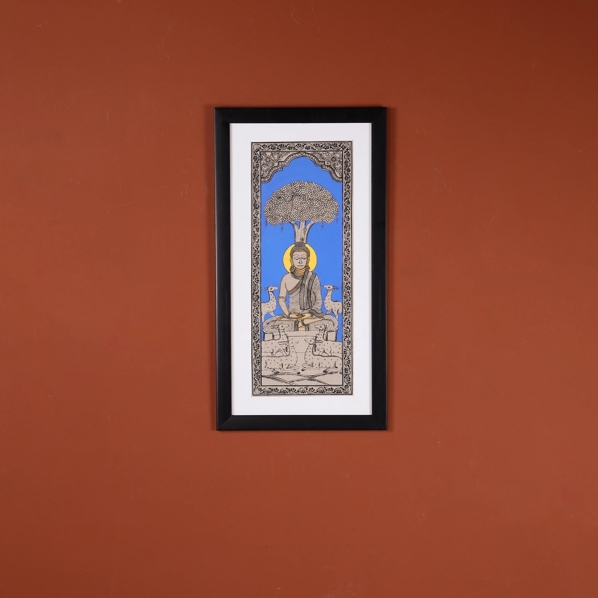 22" Pattachitra Hand Painted on Silk Wall Art of Lord Buddha Seated Under Bodhi Tree